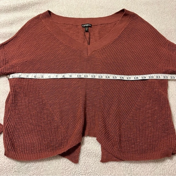 Express Tie Sleeve Split Back Cropped Sweater Pink Brown V Neck Oversized Knit - Picture 12 of 13